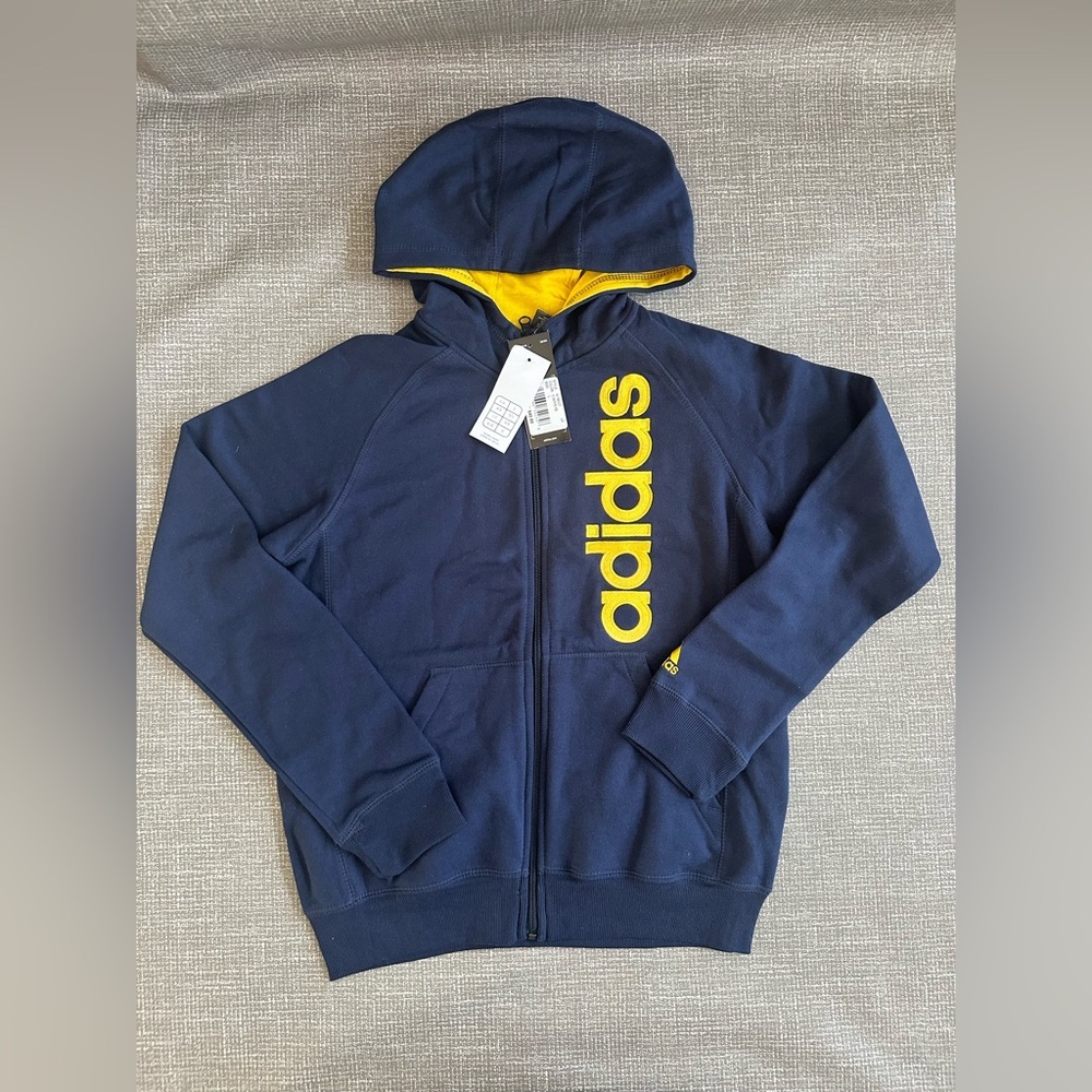 Adidas Kids Full Zip Hoodie Navy Yellow Logo Sweatshirt New With Tags
